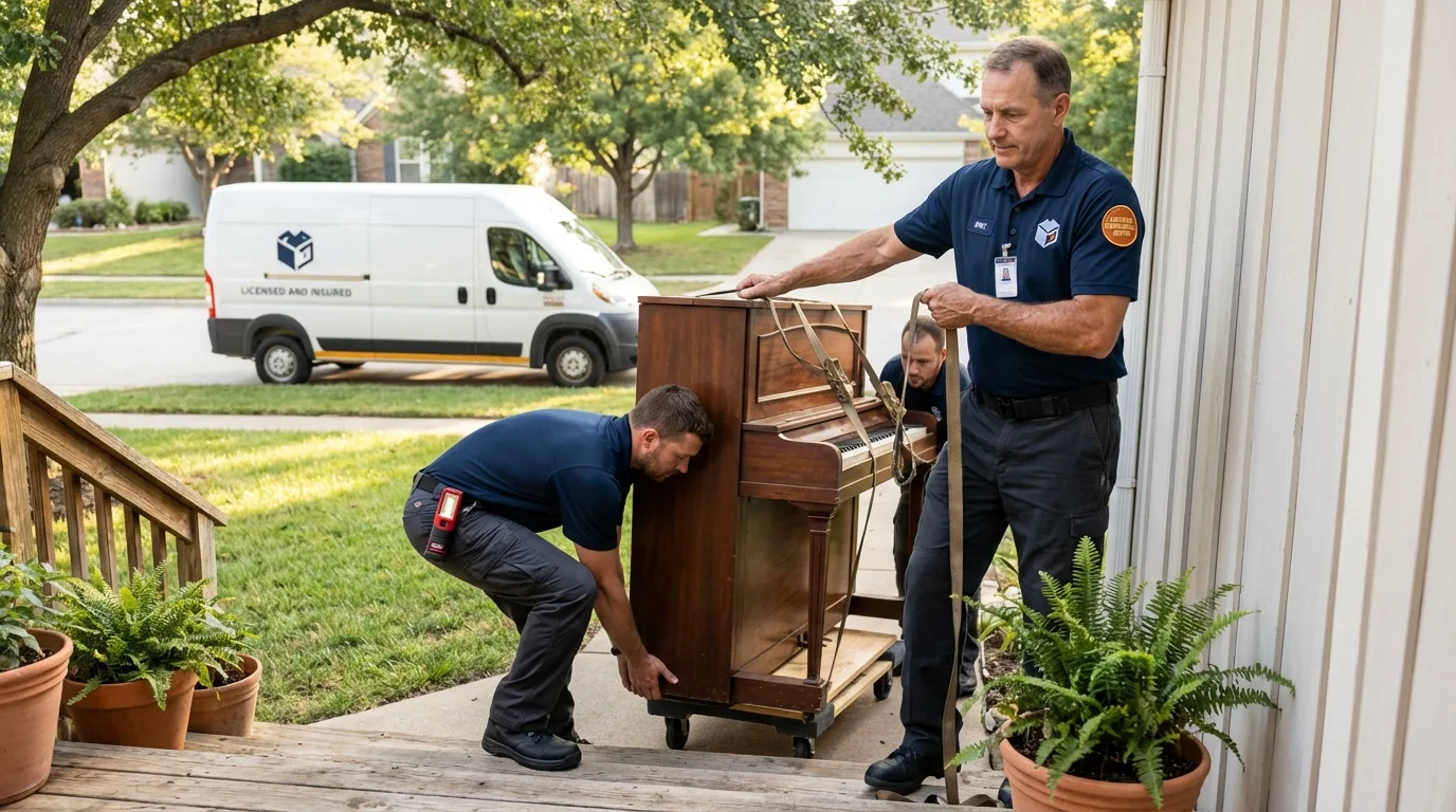 Licensed piano movers securing grand piano in Lodi, NJ
