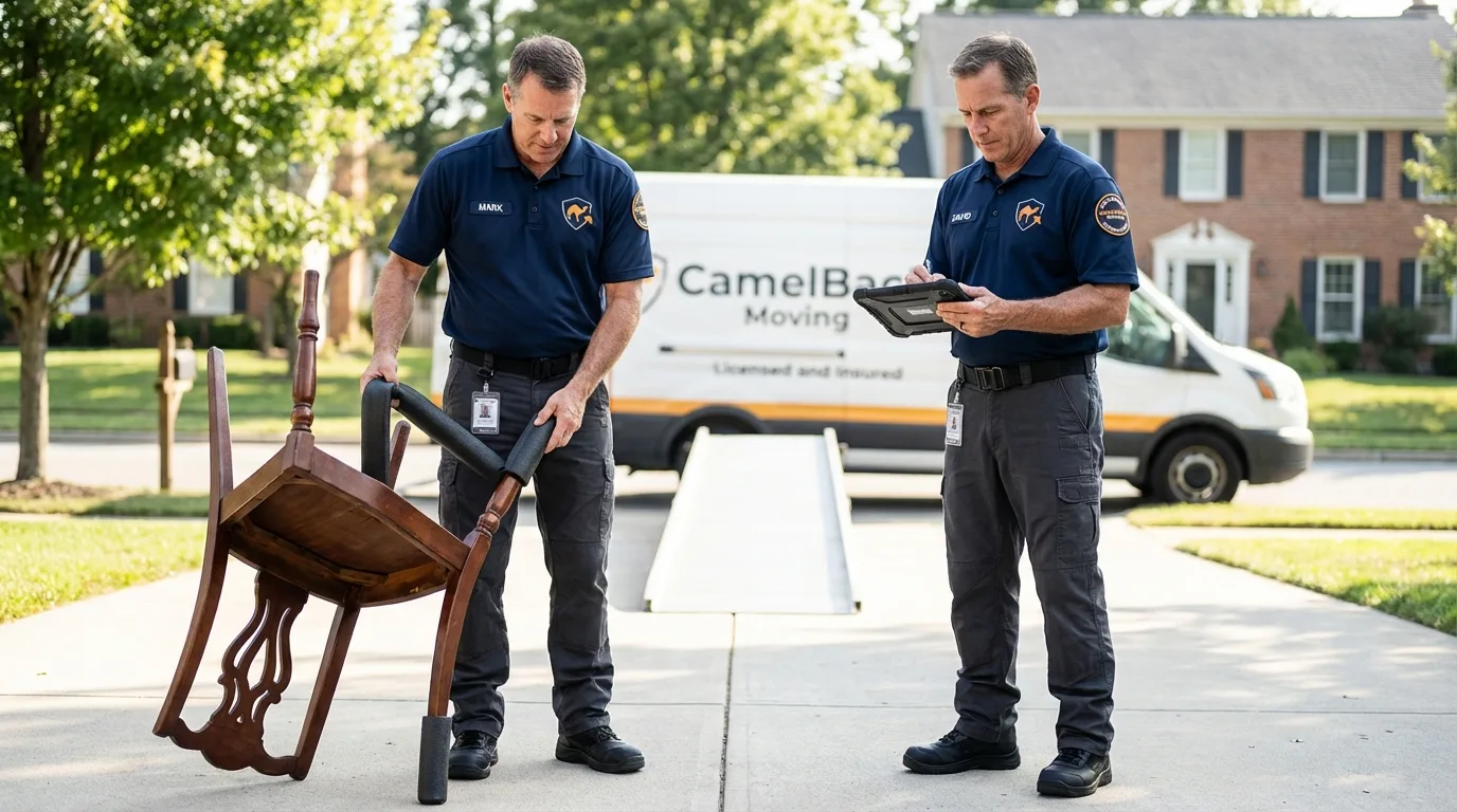 Movers inspecting furniture for damage prevention before loading in Lodi, NJ