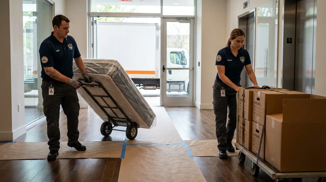 Professional apartment movers loading elevator in Lodi, NJ